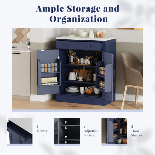 Modern Freestanding Kitchen Pantry,Buffet Food Storage, Coffee Bar Cabinet with Drawer, 2 Adjustable Shelves and 2 Door Shelves for Dining, Kitchen, Blue