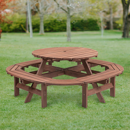 10-12-person Round Outdoor Wooden Picnic Table for Patio, Backyard, Garden, DIY with 1 Built-in Ring Stool, 500-lb Weight Capacity - Walnut Brown