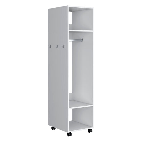 Armoire 63"H, with 3 Shelves, 1 Mirror, and 4 Wheels, White