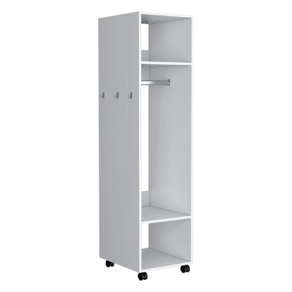 Armoire 63"H, with 3 Shelves, 1 Mirror, and 4 Wheels, White