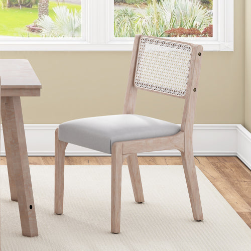 Set of 2 Beige Modern Farmhouse Linen Dining Chairs, Rattan Back Solid Rubberwood Padded Side Chairs