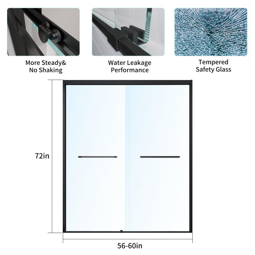 56-60*72 INCH Frame Double Sliding soft-close Shower Doors, Bathroom Sliding Shower Door, (6mm) Thick SGCC Tempered Glass Door For Bathroom Door ,Matte Black
