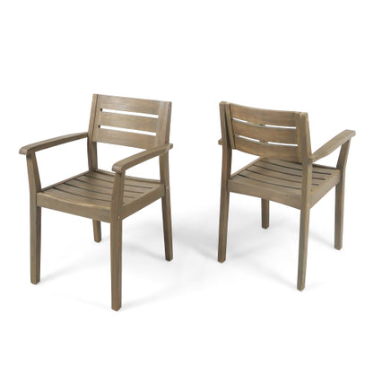 Set of 2 Grey Acacia Wood Outdoor Patio Arm Dining Chairs, Weather Resistant Garden Backyard Chairs 350 LBS Load