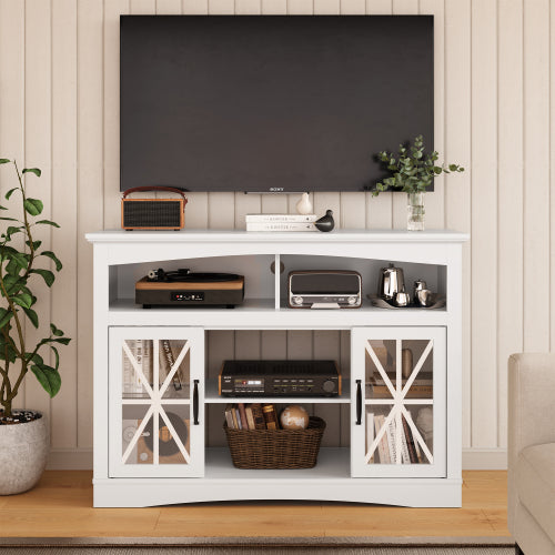 47 Inch White Farmhouse Retro TV Console with Glass Doors, LED Lights & UL Certified Fireplace Space