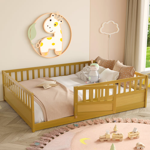 Full Size Floor bed, integral construction with super high security barrier, door, children's floor bed frame, Montessori wooden children's floor bed, Support  slat Natural Wood