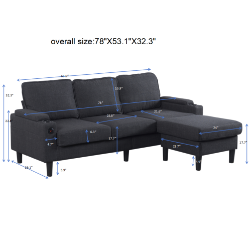 Dark-Grey L-Shaped Sectional 3-Seat Combo Sofa with Storage Ottoman USB Ports Cup-Holders for Living Room Apartment