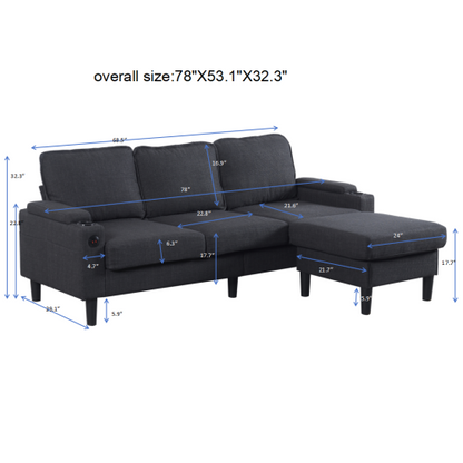 Dark-Grey L-Shaped Sectional 3-Seat Combo Sofa with Storage Ottoman USB Ports Cup-Holders for Living Room Apartment