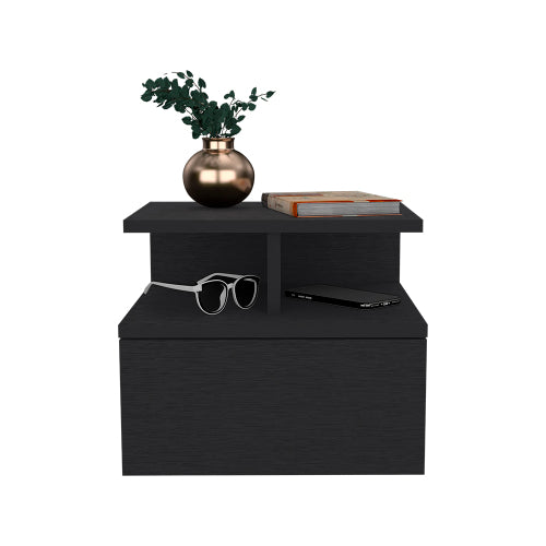 Black Wengue Floating Nightstand, Wall-Mounted Single Drawer & Top Shelf Storage Side Table