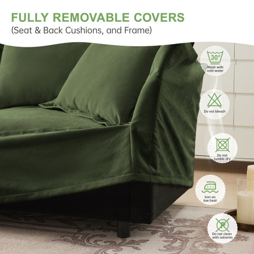 Green Slipcovered Chenille Deep-Seat 2-Seat Sofa,Removable Cover