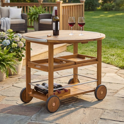 Outdoor Acacia Wood Bar Cart with Foldable Tabletop & Removable Trays, 35.5 inch Rolling Serving Cart for Patio, Deck & Backyard