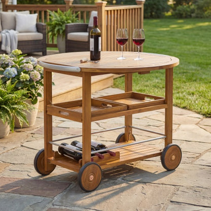 Outdoor Acacia Wood Bar Cart with Foldable Tabletop & Removable Trays, 35.5 inch Rolling Serving Cart for Patio, Deck & Backyard