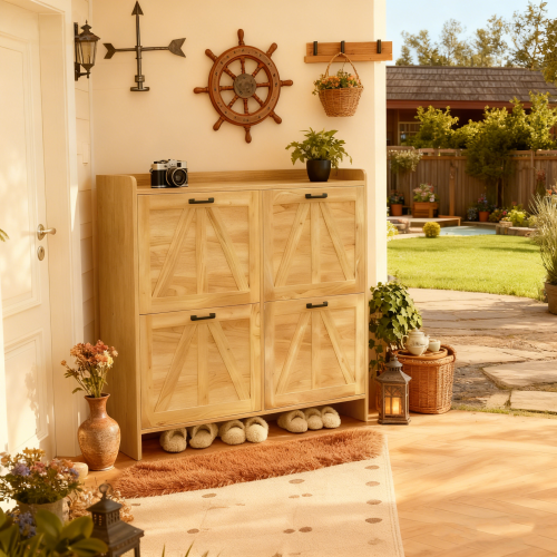 Light Oak Rustic Barn-Door Shoe Cabinet with 4 Flip Drawers, Sleek Space-Saving Entryway Organizer for Living Room