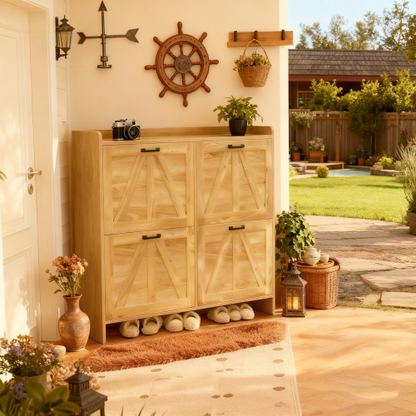 Light Oak Rustic Barn-Door Shoe Cabinet with 4 Flip Drawers, Sleek Space-Saving Entryway Organizer for Living Room