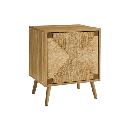 Light Walnut Accent Table Seagrass Door Storage Cabinet with Shelf
