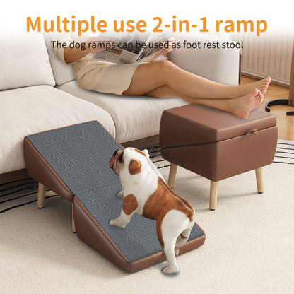 Brown Upgraded 2-in-1 Foldable Wooden Pet Ottoman Dog Ramp, Split Design Pet Steps for Small Dogs & Cats