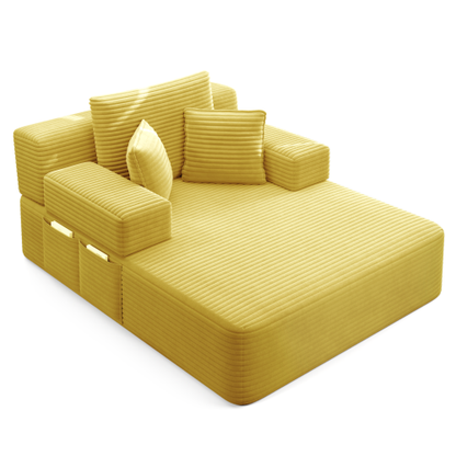 Oversized Yellow Corduroy Convertible Sofa Bed w/Storage Pockets