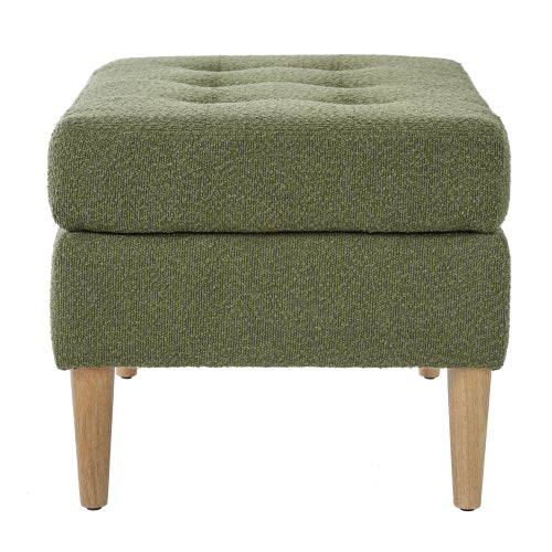 Olive Green Boucle Upholstered Ottoman, Tufted Footrest with Solid Rubber Wood Legs, 350 LBS Weight Capacity