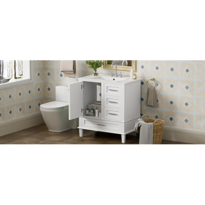 30" Bathroom Vanity , Modern Bathroom Cabinet with Sink Combo Set, Bathroom Storage Cabinet with a Soft Closing Door and 3 Drawers, Solid Wood Frame(White)