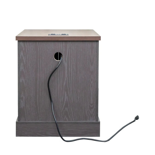 Farmhouse End Table with Charging Station, Rustic Nightstand with Barn Doors and Adjustable Shelf, Walnut Top Grey Cabinet