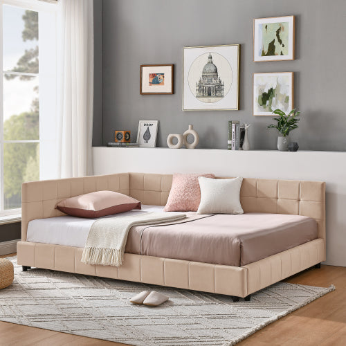Full Size Upholstered Tufted  Bed Frame, Sofa Bed Frame with Comfortable Backrest and Armrests, Full Size Bed for Bedroom, Living Room,Velvet, PINK(80.5inch *59inch *30.5inch )
