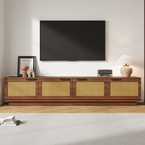 78.74 inch Walnut 4 Door PE Rattan Legless TV Stand Large Hidden Storage Media Console For 85 inch TV