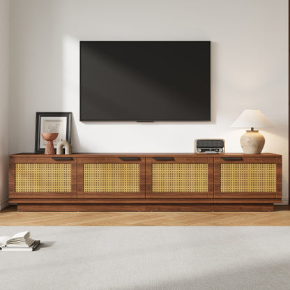 78.74 inch Walnut 4 Door PE Rattan Legless TV Stand Large Hidden Storage Media Console For 85 inch TV