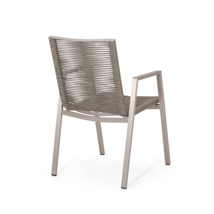 Outdoor Modern Aluminum Dining Chair with Rope Seat (Set of 2), Silver and Taupe