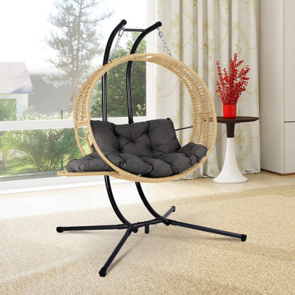 Double Hanging Egg Chair with Stand for Outdoor, Oversized 2 Person Wicker Rattan Swing Chair w/Convertible Armrest for Reclining Seat, All-Weather Cushion and Heavy Duty Frame, 700Lbs Cap. yellow