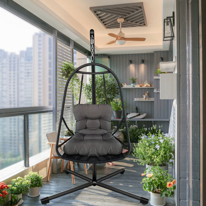 Swing Egg Chair with Stand Indoor Outdoor Wicker Rattan Patio Basket Hanging Chair with C Type bracket , with cushion and pillow,