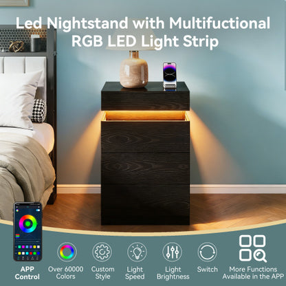 Modern Nightstand with LED Lighting and Charging Station, 3 Drawers