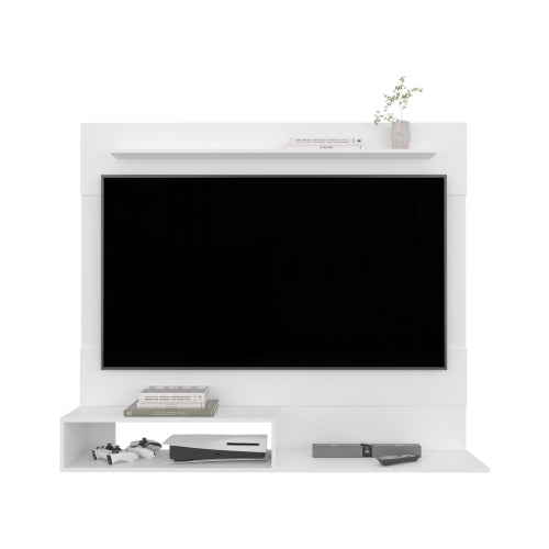 White Floating Entertainment Center with TV Space and Shelves