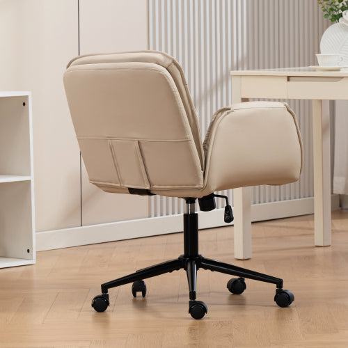 Criss Cross Chair with 5-Gear Adjustable Armrests & Wheels, Ergonomic Thickened Backrest Swivel Desk Chair for Home Office, Vanity, Bedroom and Living Room, Beige Pu