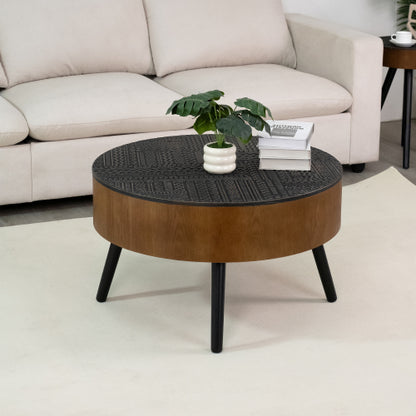 31.5inch  Round Carved Coffee Table, Black & Brown