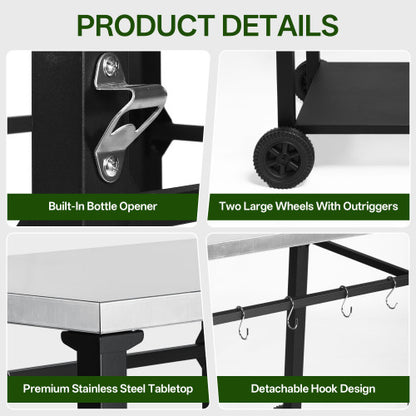 2-Tier Outdoor Grill Cart with Locking Wheels & Tool Hooks, Movable BBQ Prep Table, Rolling Serving Bar Cart for Patio, Backyard, Pizza Oven Stand, Black