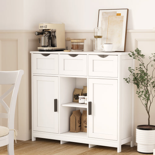 White Multi-Functional Wooden Storage Cabinet With 3 Drawers 2 Doors Adjustable Shelves Home Accent Cabinet