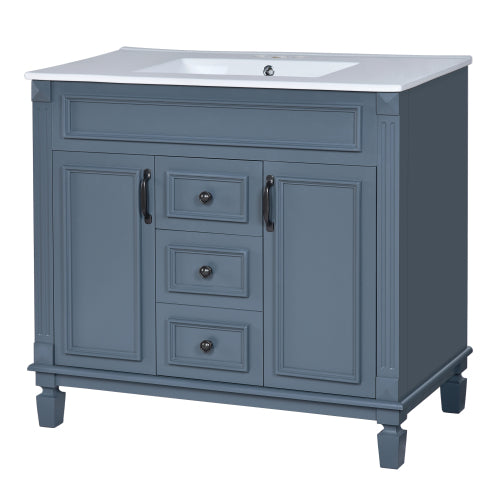 36'' Bathroom Vanity with Top Sink, Royal Blue Mirror Cabinet, Modern Bathroom Storage Cabinet with 2 Soft Closing Doors and 2 Drawers, Single Sink Bathroom Vanity