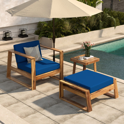 STYLE Acacia Wood Outdoor Lounge Set - Chair and Ottoman with Removable Cushions