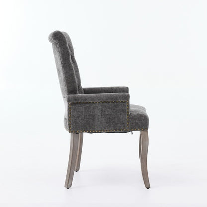 Upholstered Chenille Arm Dining Chair, Tufted Accent Chair with Curved Solid Wood Legs, Gray, Single Pack