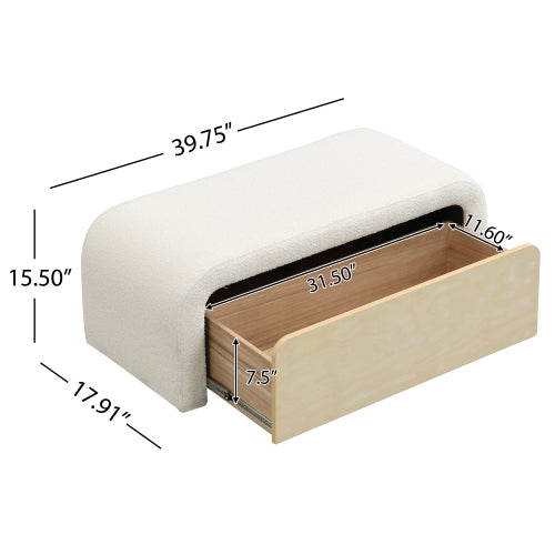White Boucle Ottoman with Drawer, Upholstered Storage Footrest