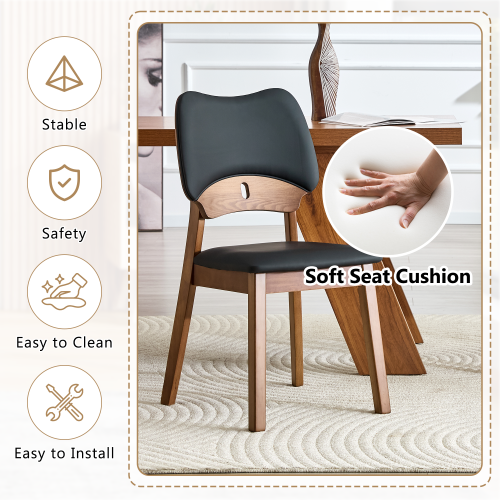 Set of 2 Walnut Wood Dining Chairs, Black PU Upholstered Hollow Back Modern Kitchen Chairs