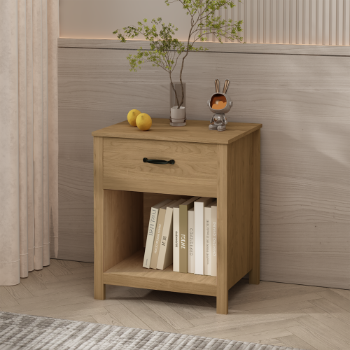 Wood Nightstand with Drawer and Open Shelf, Modern Bedside Table with Storage, Wooden End Table for Bedroom, Living Room or Apartment, Natural Finish, Brown