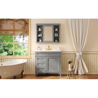 36'' Bathroom Vanity with Top Sink, Modern Bathroom Storage Cabinet with Mirror, 2 Drawers and a Tip-out Drawer, Mirror Cabinet with 6 Open Shelves, Single Sink Bathroom Vanity