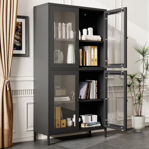 Black Classic 4-Glass-Door Metal Storage Cabinet Adjustable Shelf Home Office Display Cabinet