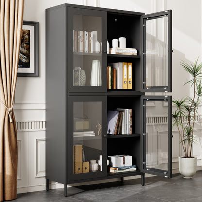 Black Classic 4-Glass-Door Metal Storage Cabinet Adjustable Shelf Home Office Display Cabinet