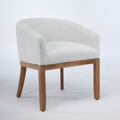 Single Beige Mid-Century Barrel Linen Arm Dining Chair, Farmhouse Style, Natural Rubberwood Frame