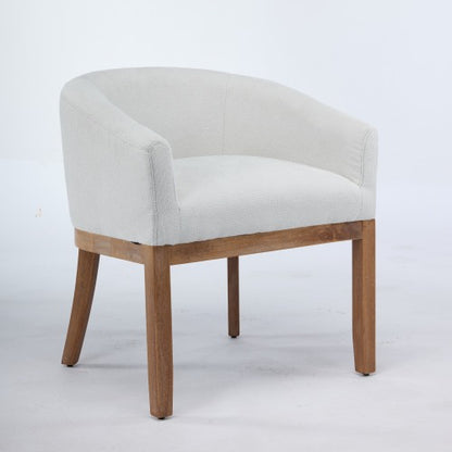 Single Beige Mid-Century Barrel Linen Arm Dining Chair, Farmhouse Style, Natural Rubberwood Frame