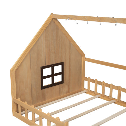 Full Size Wood House Bed with Window and Fence, Natural