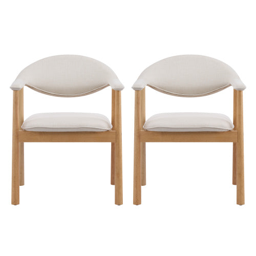 Set of 2 Beige Fabric Upholstered Dining Chairs, Curved Back with Armrest, Natural Rubberwood Frame