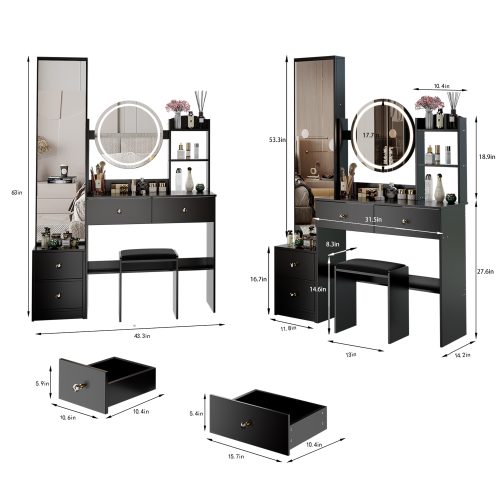 Full Body Mirror Cabinet + Round Mirror LED Vanity Table + Cushioned Stool, 17inch  diameter LED Mirror, Touch Control, 3-color, Brightness adjustable, Large Desktop, Multi-layer High Capacity Storage