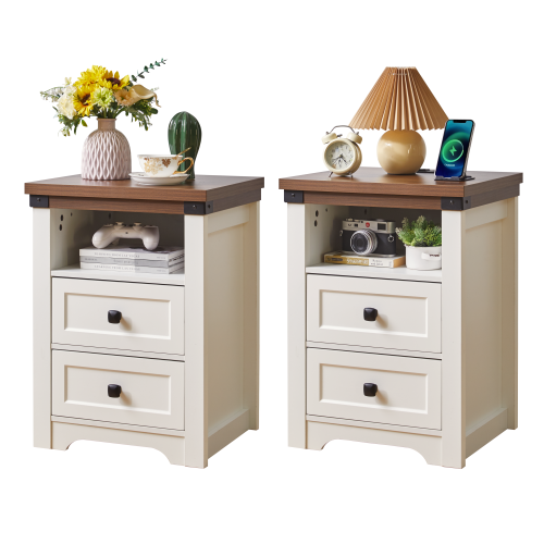 White Farmhouse Nightstand with Charging Station